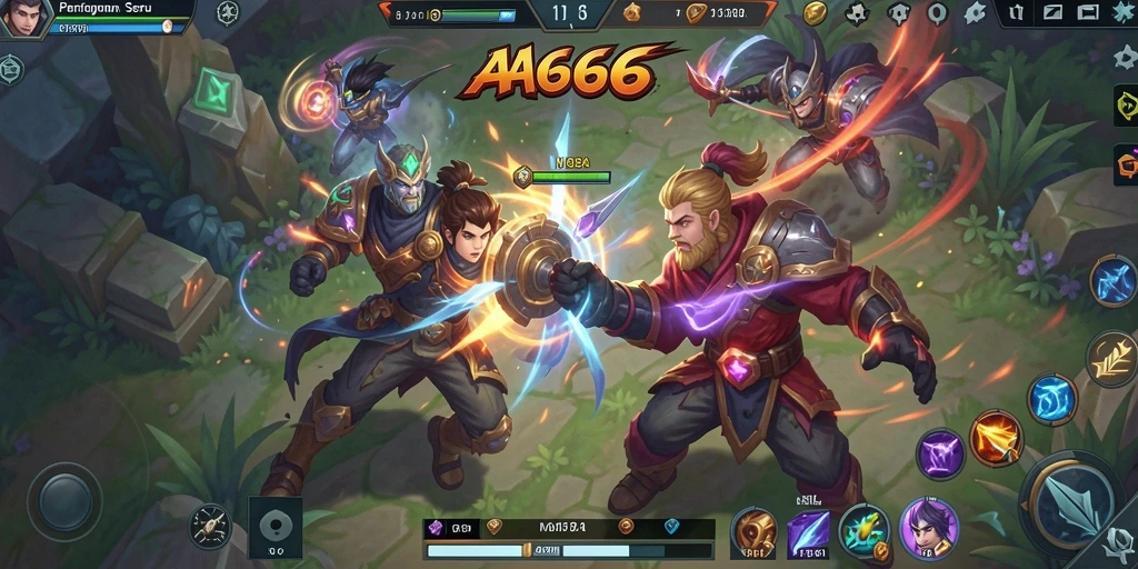 Screenshot gameplay seru di arena pertarungan MOBA AA666.