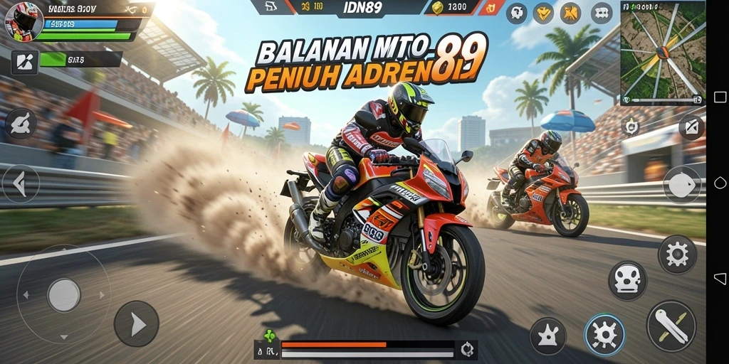 Screenshot IDN89 menampilkan aksi balapan motor yang menegangkan.